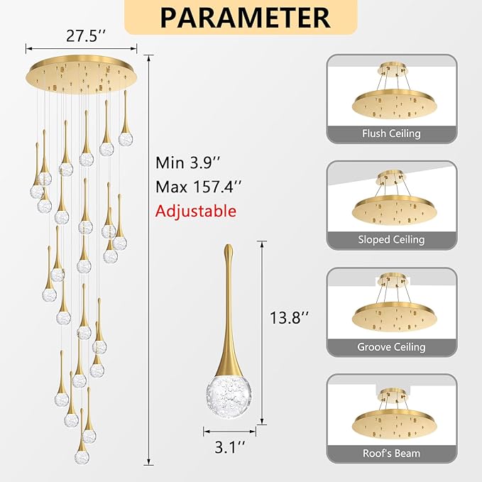 24 Light Modern Glam Crystal Chandelier for High Ceiling LED Dimmable Ceiling Pendant Light Staircase Foyer Enterway Living Room Chandelier Lighting Antique Gold