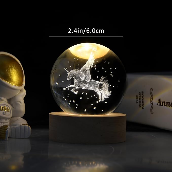 Unicorn Figurine Crystal Ball Lamp with LED Stand, 3D Laser Engraved Glass Sphere Decorative Balls Paperweight(60mm)