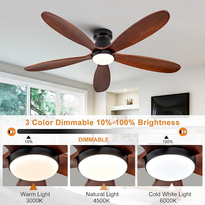 48 Inch Ceiling Fans with Lights and Remote, Low Profile Flush Mount Modern Wood Ceiling Fan with Light, 5 Blades, Dimmable, Wall Switch, 6 Speed DC Motor, Indoor Outdoor Ceiling Fan