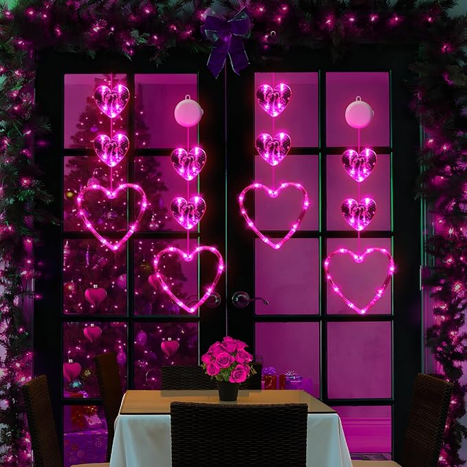 3 Pack Valentines Day Window Lights Decorations with Timer, Battery Powered Hanging Pink Lighted Heart Shaped Silhouette Sucker LED Lamp for Fireplace Indoor Home Decor