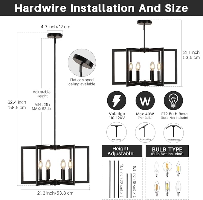 21 Inch Large Chandelier, Vintage Farmhouse Pendant Ceiling Light Fixture for Dining Room, Kitchen Island, Living Room, Bedroom, Entryway, Hallway, Black Modern Rustic Hanging Lamp