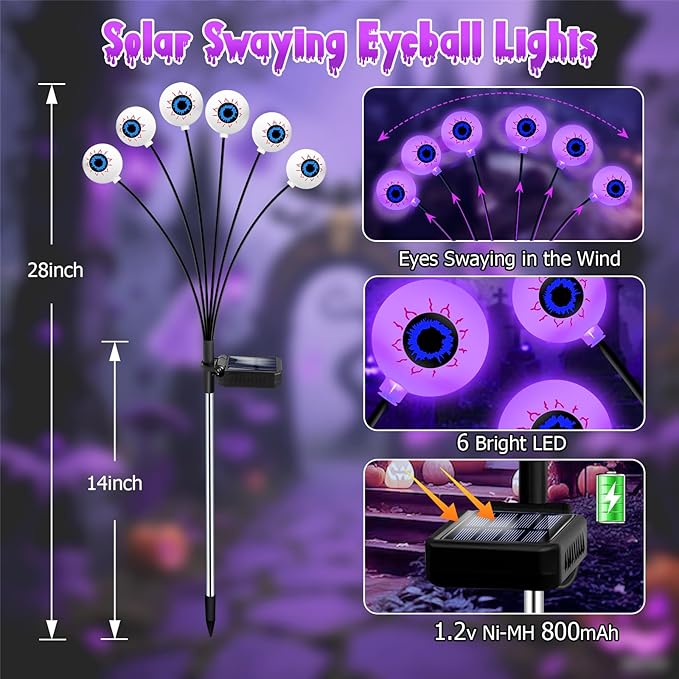 Halloween Decorations Outdoor, 4 Pack 24 LED Solar Purple Scary Eyeball Swaying Lights, Purple Solar Firefly Light Waterproof Outdoor Garden Lights for Halloween Yard Garden Lawn Party Flower Bed