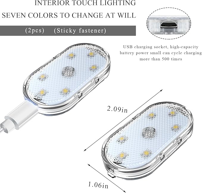 2 PCS Car LED Lights Interior Wireless, Magnetic Car Ambient Lighting with 6 Bright LED Lamp Beads, Portable USB Rechargeable Vehicle Interior Led Night Light for Car (Colorful)