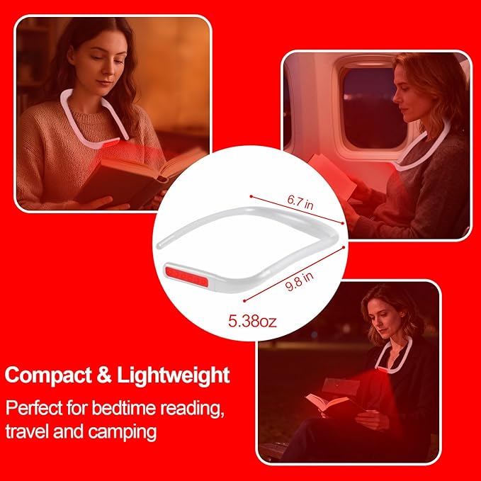 630nm Red Neck Reading Light - Zero Blue Light, Rechargeable Dimmable Portable LED Red Neck Book Lamp for Reading, Crafts, Crochet at Night, Ideal Gift for Readers and Craft Lovers（White