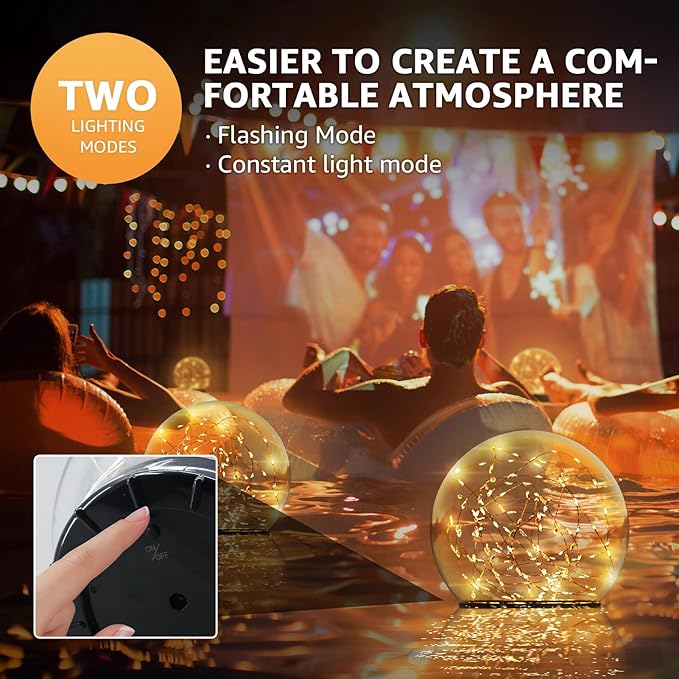 2-Pack 7.4x7.3 Solar Floating Pool Lights Ball Outdoor Water-Resistant IP66 Solar-Powered That Float Candles Flickering Lights for Swimming Pool Decor Pond Garden Party