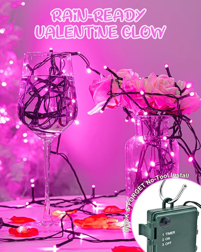 Pink String Lights Battery Operated, Valentine’s Day Lights with Timer Waterproof 9.8ft 30 LED Valentines Decorations for Outdoor Indoor Patio Party Garden Yard Decor 2 Packs