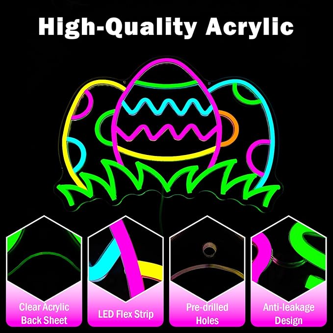 Easter Eggs Neon Sign Dimmable Easter Window Lights Three Colorful Eggs On Grass Neon Lights Egg Hunt Led Sign Happy Holiday Window Lights Decorations