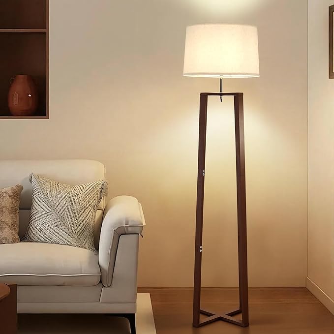 66" Bamboo Corner Floor Lamp with Linen Shade, Boho Rustic Standing Lamp for Living Room Bedroom Office, Modern Natural Tall Floor Lamp with E26 Base