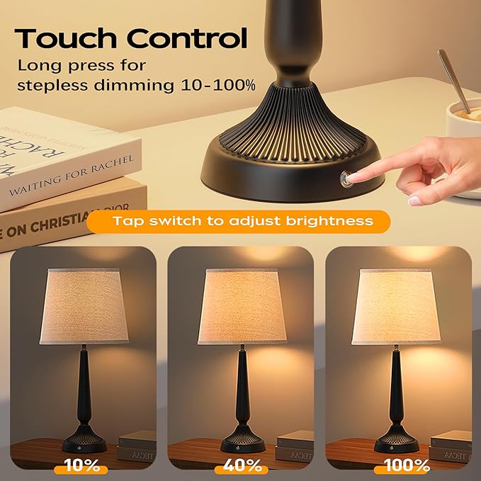 PARTPHONER Cordless Table Lamp, 5000mAh Battery Rechargeable Touch Lamp, 3-Level Brightness Bedside Lamps, Modern Black Iron Design, Desk Lamp for Patio Camping, Dining, Home