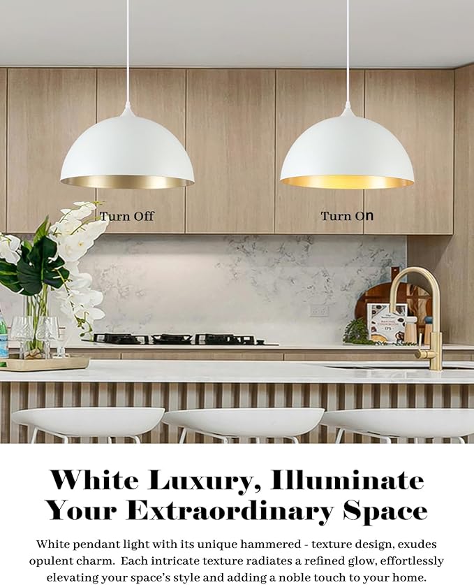 White and Gold Dome Pendant Light, 16 Inch Large Pendant Lights, White Pendant Lights Kitchen Island, Large Industrial Pendant Light for Kitchen Island, Dining Room, Cafe, Bar, 2 Pack