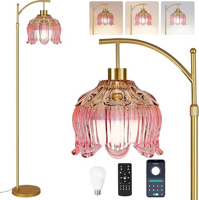 Pink Floor Lamp for Living Room,Bedroom,Gold Dimmable Standing Lamp with Remote,Mid Century Modern Brass Tall Lamp Boho Floor Lamps Arc Stained Glass Flower Floor Light Lamp Girls kids Bohemian