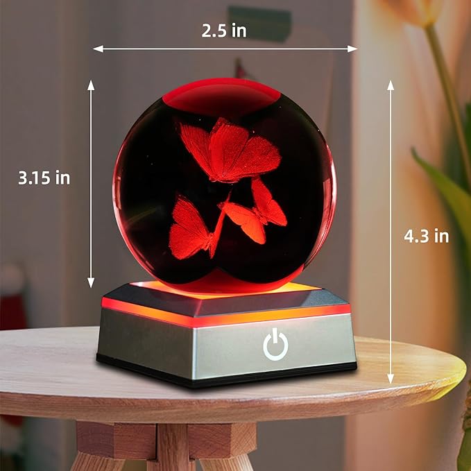 3D Crystal Ball Night Light - 3.15 Inch Butterfly Figurines Glass Ball Table Lamp with Color Changing Touch Base - Butterfly Gifts for Friends, Kids, Women - Christmas, Birthday