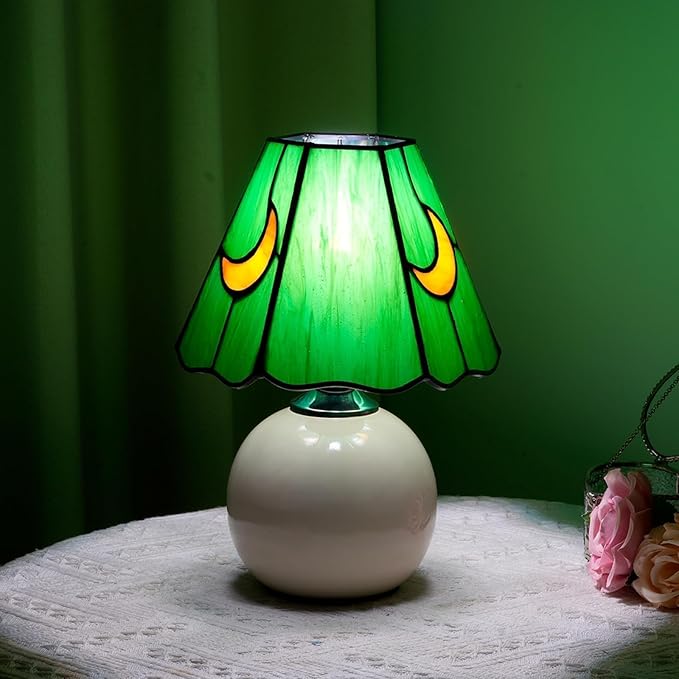 Mushroom Lamp Tiffany Lamp Stained Glass Table Lamp Moon Cute Small Bedside Lamps for Living Room Home Decor,Unique Aesthetic Home Living Room Decor Girls Women Birthday Day Gift,(Green)