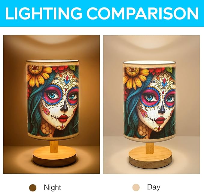 Sugar Skull Girl Table Lamp LED 3-Color Pressed Bedside, Sugar Skull Girl Shade Lamp with Wood Base for Bedroom Living Room Desk Office TL01