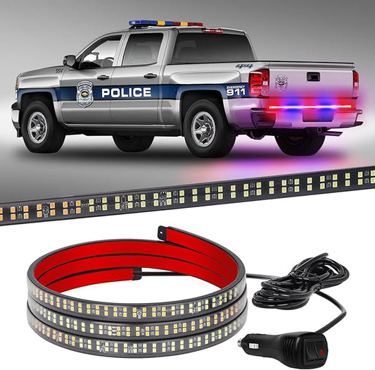 XRIDONSEN 60 inch Truck Tailgate Police Lights Strip 360 LED Rear Window Lights Red Blue Emergency Strobe Lights Flashing Warning Hazard Safety w/Waterproof Flexible for Vehicles Trucks
