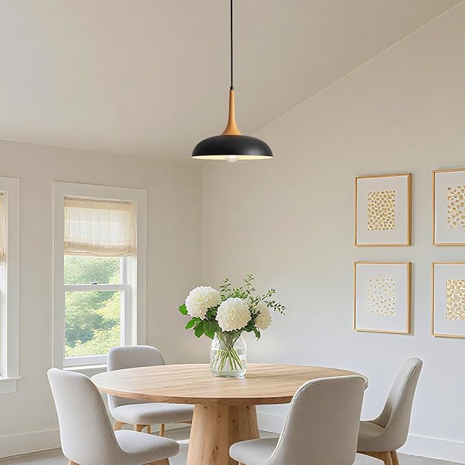 Black Pendant Lights Kitchen Island,Modern Pendant Light Fixtures,Farmhouse Adjustable Hanging Pendant Lighting for Foyer Entryway Hallway Bedroom Dining Room Living Room,Faux-Wood,Small 12.6 inch
