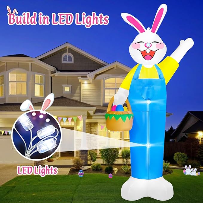 MICOCAH 12Ft Tall Giant Easter Inflatables Outdoor Decorations Lighted Inflatable Bunny Holds Easter Eggs Basket, Built in LEDs Rabbit Blow Up Yard Decor for Outside Lawn Garden Spring Holiday Party