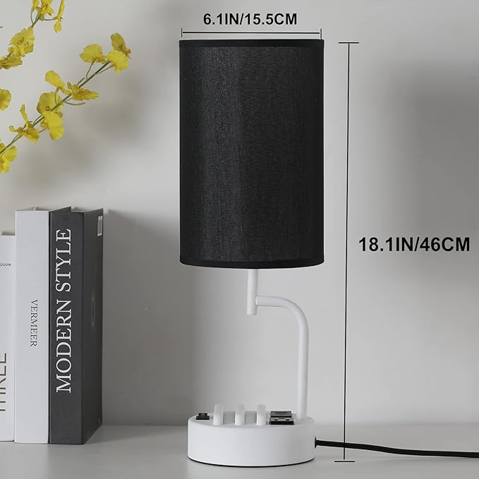 Dreamholder Table Lamp with 3 USB Charging Ports, Modern Desk Lamp with AC Outlet and Phone Stands, Perfect Bedside Lamp for Bedroom, Living Room, Office (Pack of 2), White&Black