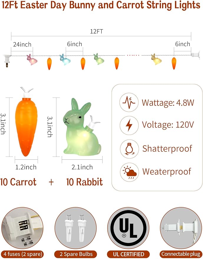 12Ft Easter String Lights Plug in - 20 LED 3D Pastel Bunny & Carrot Fairy Lights, Connectable & Waterproof Spring Decor for Indoor Outdoor Home, Mantel, Bedroom, Party, Garden (White Wire)