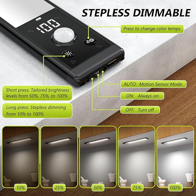 6 Pack 10" Under Cabinet Lights with Digital Display,52 LED Rechargeable Motion Sensor Light Indoor,3 Color Temperatures, Magnetic Dimmable Closet Lights, Under Counter Light for Kitchen