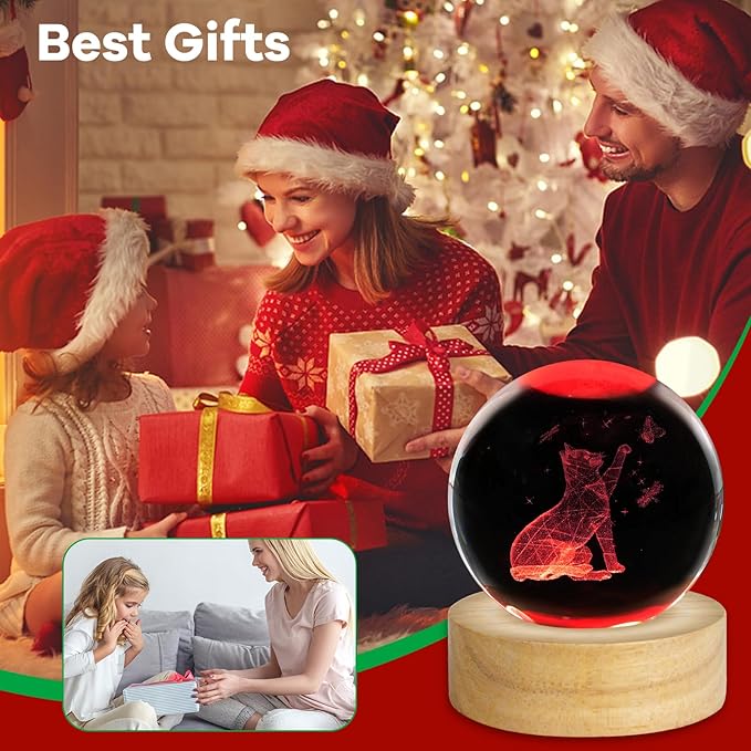 3D Cat Crystal Ball Night Light 2.4in Table Lamp Decor with 16 Colors Change Remote Control and Wooden Base Gifts for Cat Lovers Women Girl Friends Birthday Christmas