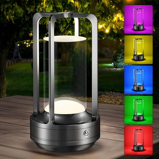Portable Table Lamp for Outdoor Indoor: Cordless Rechargeable Desk Lamp with 3 Color Stepless Dimmable - Metal Battery Operated Lantern Light for Bedroom/Bar/Coffee Shop/Camping (Black+RGB)