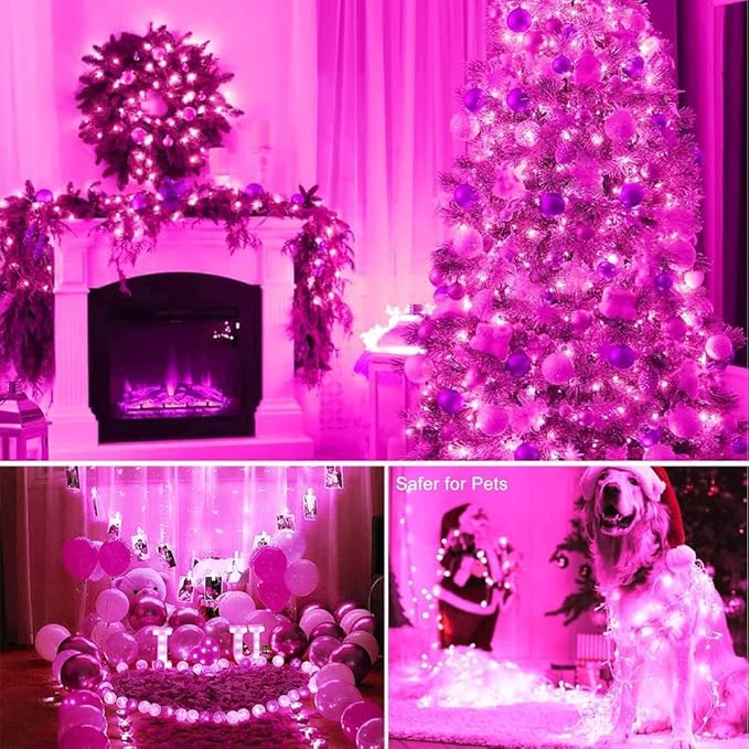 FULLBELL 66 Ft 200 LED Pink Christmas Lights - Waterproof Fairy Lights with Memory Function, 8 Modes, for Indoor Outdoor Holiday Party & Tree Decor.