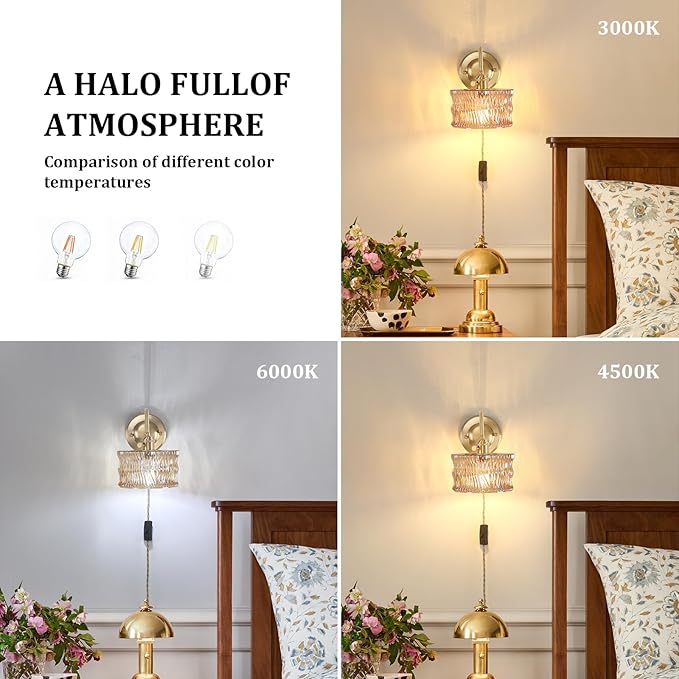 Plug in Wall Sconce Set of 2, Gold Vintage Wall Lights with Amber Ripple Glass Shade, Indoor Brass Corded Wall Lamp Fixture for Bedroom Living Room Bathroom Hallway