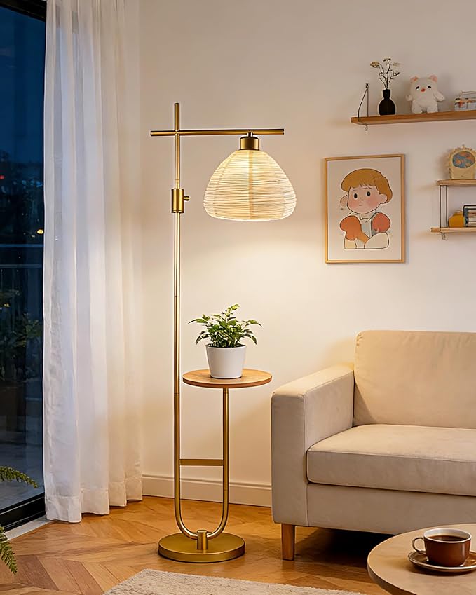 66IN Dimmable Gold Floor Lamps with Storage Table, Modern Standing Tall Lamp with Milky White Lampshade, Cross-Shaped Lamp Head and U-Pole Base Style for Living Room/Bedroom