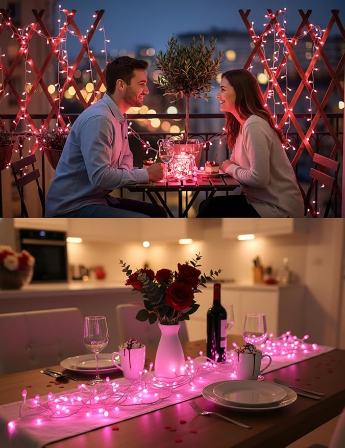 BOHON Pink LED String Lights, 17 Feet White Wire Christmas Lights, 50 Bulbs, Indoor Outdoor Valentine's Day Holiday Wedding Decorative Lighting Valentine Day Decor