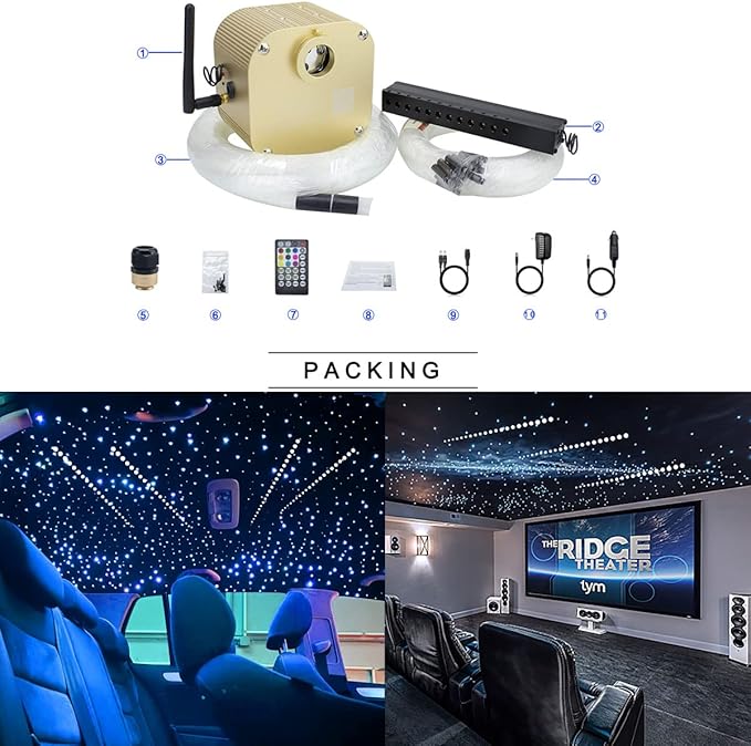 AZIMOM Bluetooth/App Control 16W Twinkle Fiber Optic Light Star Ceiling Lighting Kits with Shooting Star Effect Meteor Remote Music Mode RGBW 550pcs Fiber Strands for Home Car Interior Decoration