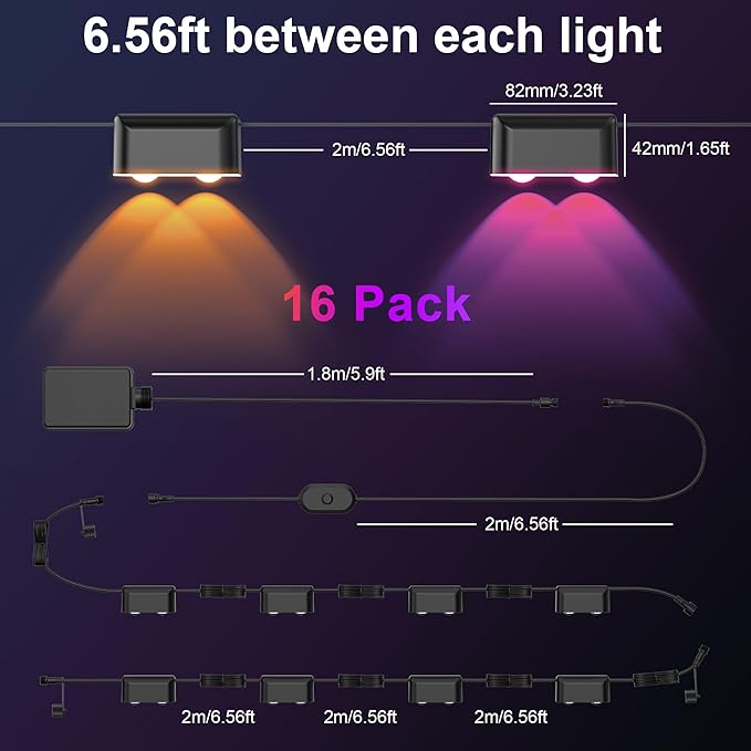 Outdoor Deck Lights, 16 Lights Smart Fence Lights Compatible with Alexa & Google Home, IP65 LED Patio Deck Lighting with Remote, Fence Lighting Music Sync for Patio Yard Garden(104.8ft)