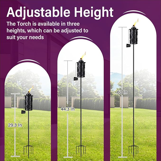 Upgraded 60 Inch Citronella Torches for Outside Set of 4, 16 Oz Outdoor Garden Torches with 5-Prong Grounded Stake, Metal Torch for Garden Décor, Outside Torches for Backyard, Garden, Patio