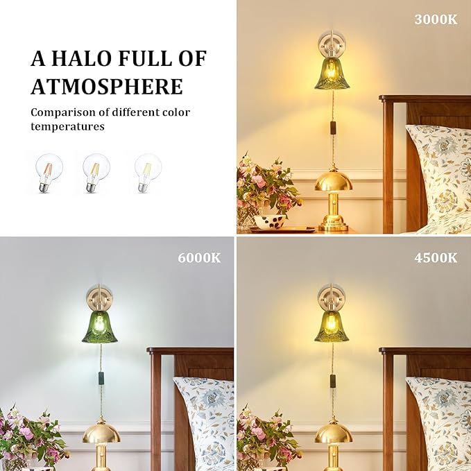 Plug in Wall Sconce Set of 2, Gold Vintage Wall Decor Lights with Green Morning Glory Glass Shade, Indoor Brass Corded Wall Lamp Fixture for Bedroom Living Room Bathroom Hallway