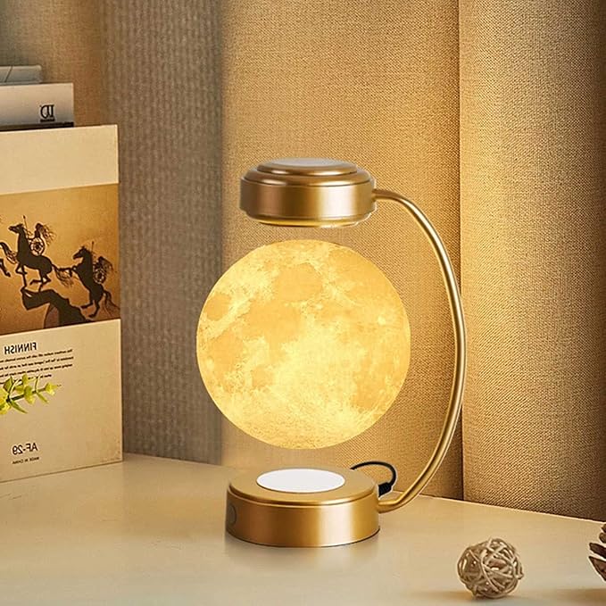 Levitating Moon Lamp Floating LED Night Lights with Luxury Iron Bracket 3D Printed Moon Light, 3 Colors Modes for Home Office Room Decor,Gold