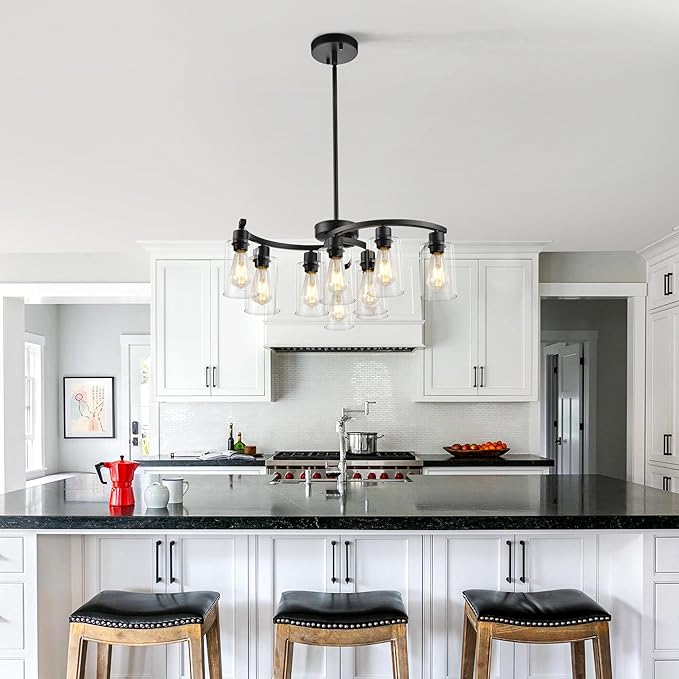 9-Light Modern Farmhouse Chandelier，29.5" Black Dining Room Light Fixture，Industrial Pendant Lights Kitchen Island,Metal Bracket with Downward Clear Glass Shade