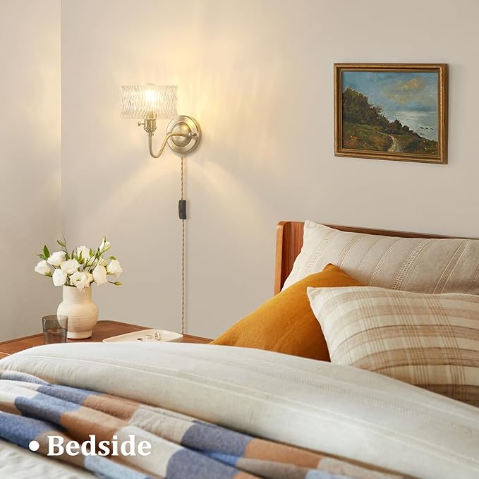 Plug in Wall Sconce Set of 2, Gold Vintage Wall Decor Lights with Clear Ripple Glass Shade, Indoor Brass Corded Wall Lamp Fixture for Bedroom Living Room Bathroom Hallway