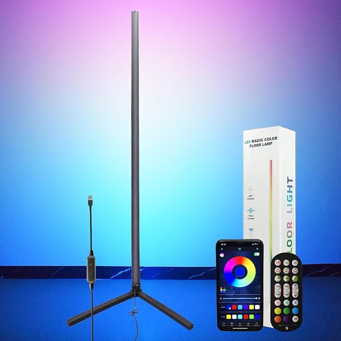 LED Corner Floor Lamp, 65inch Smart Modern Floor Lamp with Music Sync, APP & Remote Control, Adjustable Brightness & 16 Million RGB Colors, Standing Lamp for Living Room Bedroom Gaming Room