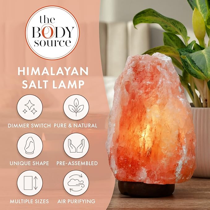 The Body Source Himalayan Salt Lamp | 8-10 in (7-11 lb) | Natural Salt Rock Lamp with Dimmer Switch & Wooden Base | Night Light & Bulb Replacement (Pack of 2)