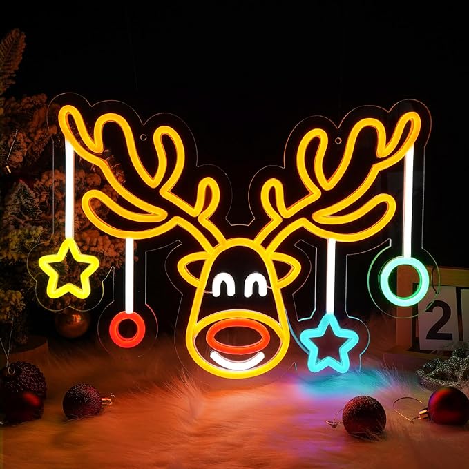 MissAudrey Christmas Elk Neon Sign for Wall Decor, Dimmable Led Christmas Window Lights, Merry Chrismas Deer Neon Sign Decorations for Bedroom Livingroom Winter Home Holiday Party Kids Gifts
