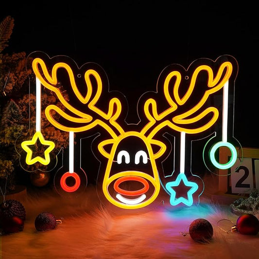 MissAudrey Christmas Elk Neon Sign for Wall Decor, Dimmable Led Christmas Window Lights, Merry Chrismas Deer Neon Sign Decorations for Bedroom Livingroom Winter Home Holiday Party Kids Gifts