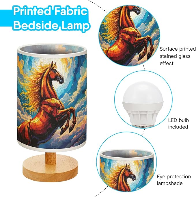 Horse Table Lamp LED 3-Color Pressed Bedside, Horse Shade Lamp with Wood Base for Bedroom Living Room Desk Office TL01