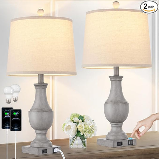 Farmhouse Table Lamps Set of 2, Rustic 25" Touch Control Bedside Lamps with 2 USB Ports & AC Outlet, Vintage 3-Way Dimmable Nightstand Lamp Linen Fabric Shade for Living Room Bedroom End Table Decor