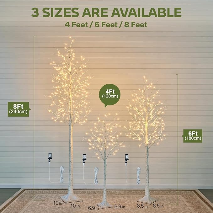 LED Birch Tree Set of 3,4ft 6ft 8ft White Christmas Tree Lights for Indoor,Prelit Artificial Tree with Warm Lights for Porch, Party,Thanksgiving Decor