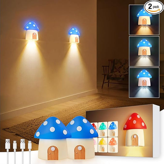 Rechargeable Motion Sensor Light, Mushroom Dimmable LED Night Lights Indoor, Magnetic Battery Night Light with 3 Color Temperatures for Adults Kids, Bedroom, Kitchen, Stairs, Blue, 2 Pack