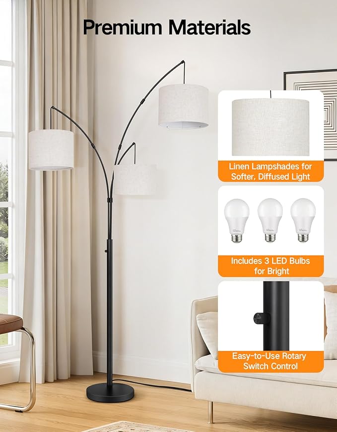 OUTON Arc Led Floor Lamp, Modern 3 Light Arched Tall Floor Lamps for Living Room, Mid Century Adjustable Standing Corner Lamps for Bedroom Office, 3 LED Bulbs Included, Beige Lampshade