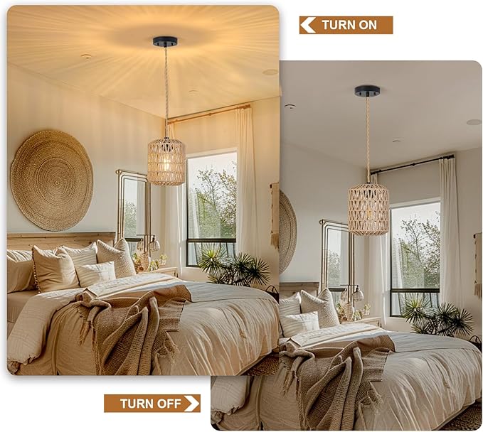 Boho Pendant Lights Kitchen Island Rattan Hanging Lamp with Hand Woven Wicker Small Chandelier Hanging Lights Fixture for Bedroom Kitchen Hallway Foyer 3 Packs
