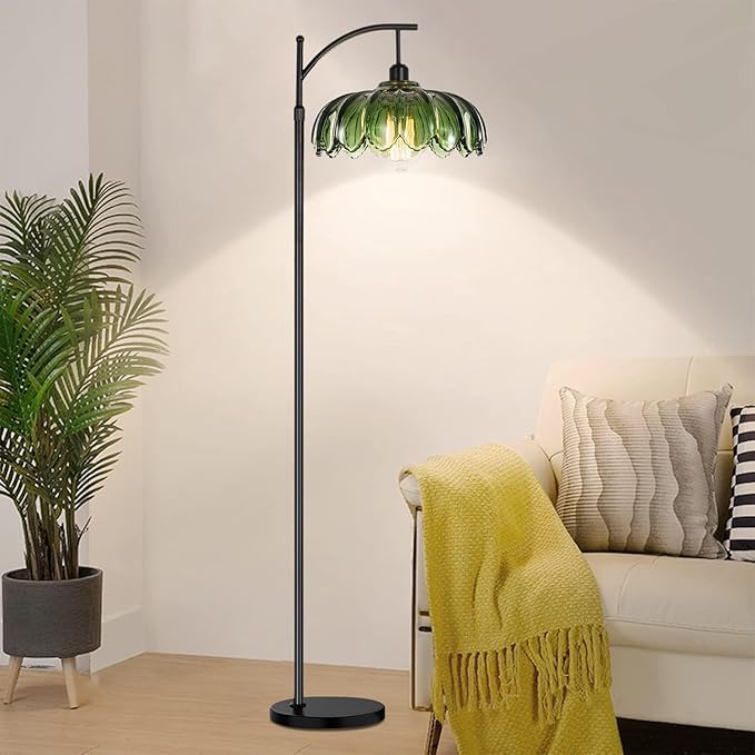 Glass Floor Lamp for Living Room,Bedroom,Mid Century Modern Standing Lamp with Remote,Dimmable Black Tall Lamp Lamp Vintage Retro Arc Floor Lamps Flower Floor Light Boho Bohemian