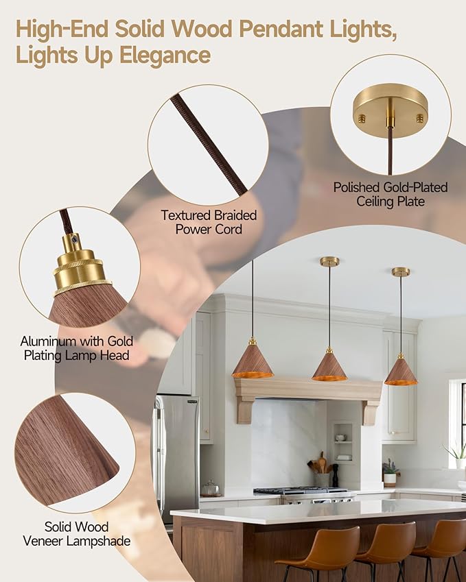 1 Pack Wood Pendant Lights Kitchen Island, 8.3” Modern Pendant Light, Adjustable Height Brushed Gold Hanging Light Fixtures, Island Lights for Dining Room, Bedroom, Hallway, Bar(Walnut)