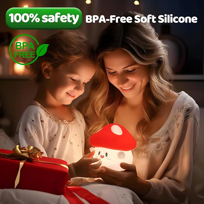 Mushroom Night Light, Squishy Silicone Lamp - Tap Control 2 Brightness, 50H Battery & Auto Timer, Cute Easter Gifts for Kids, Bedside Nursery Desk Mushroom Decor